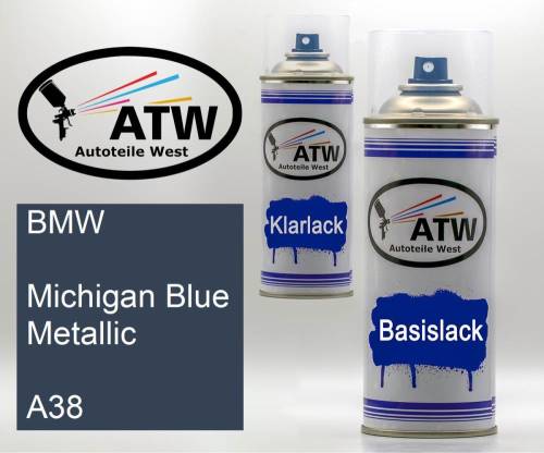 BMW, Michigan Blue Metallic, A38: 400ml Sprühdose + 400ml Klarlack - Set, von ATW Autoteile West.